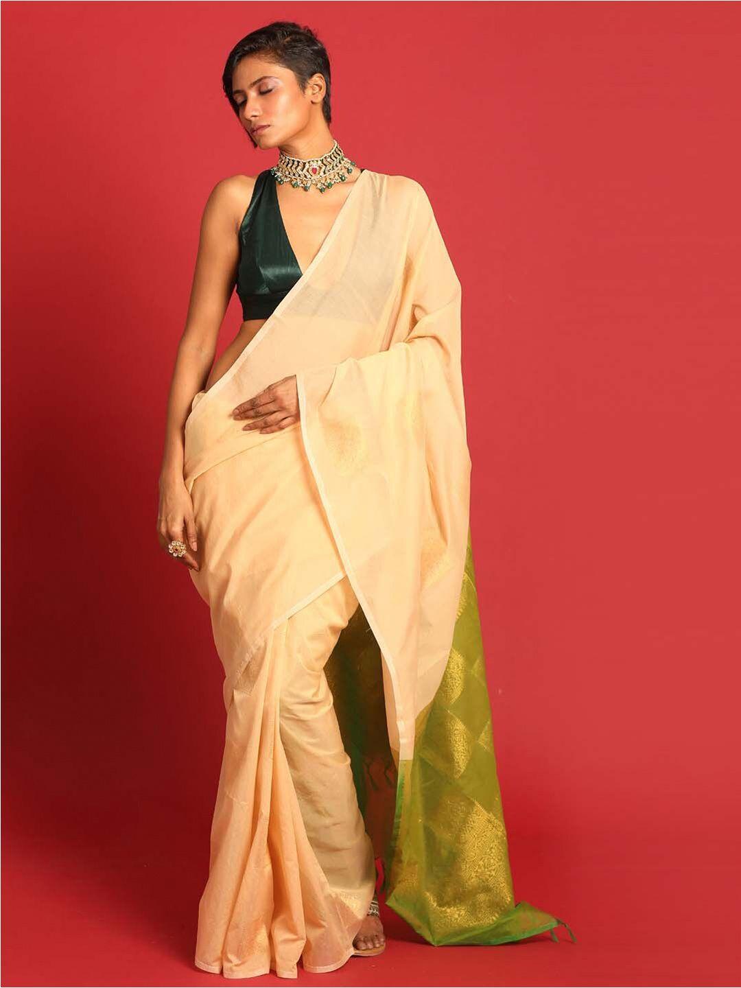 indethnic beige & green art silk pochampally saree