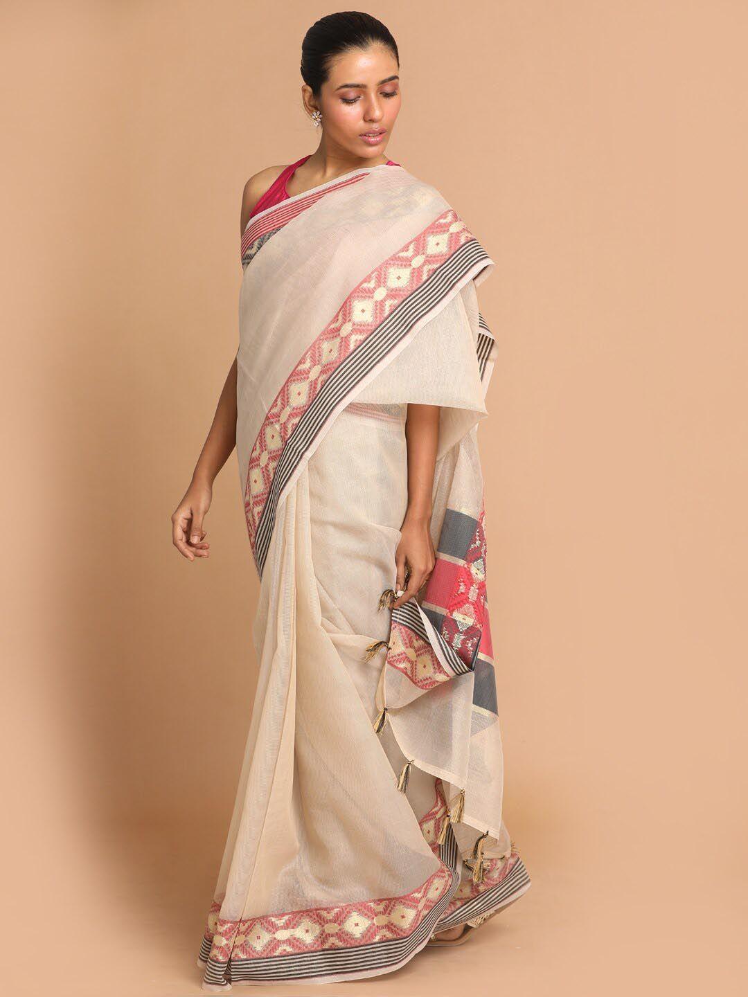 indethnic beige & grey woven design linen blend banarasi saree