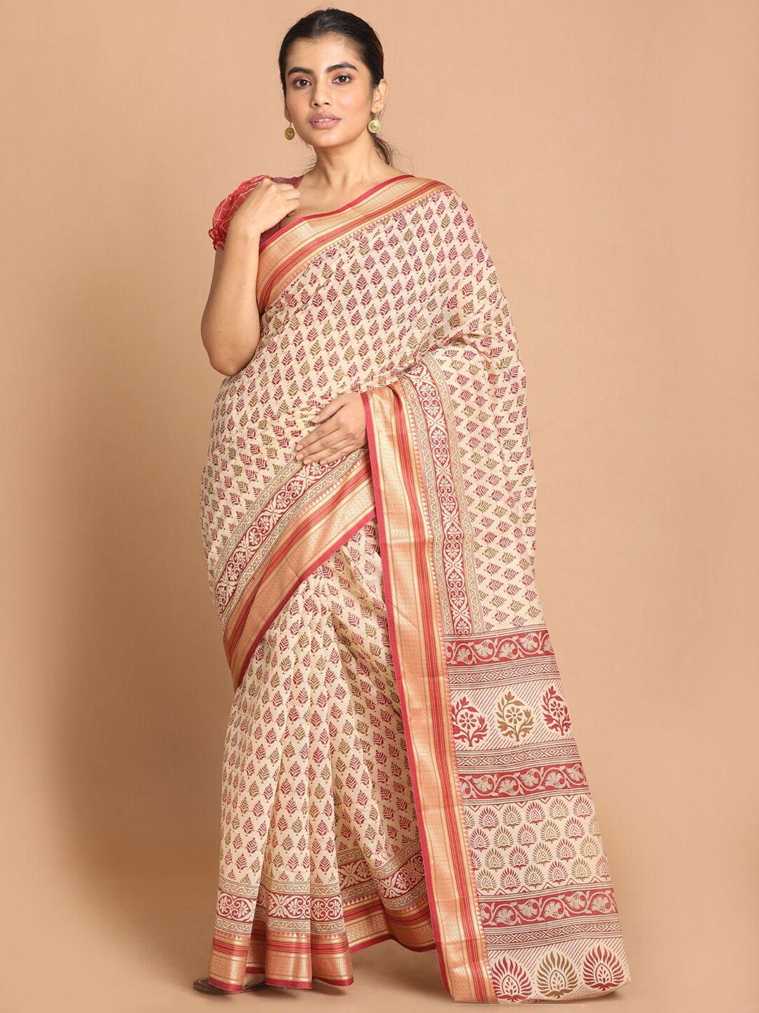 indethnic beige & maroon floral zari saree