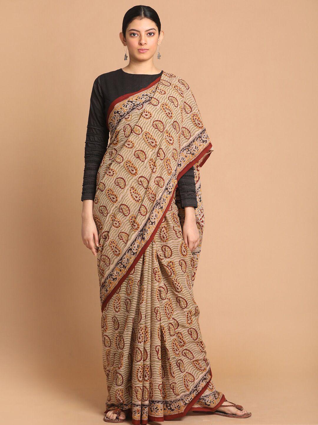 indethnic beige & maroon kalamkari pure cotton block print saree