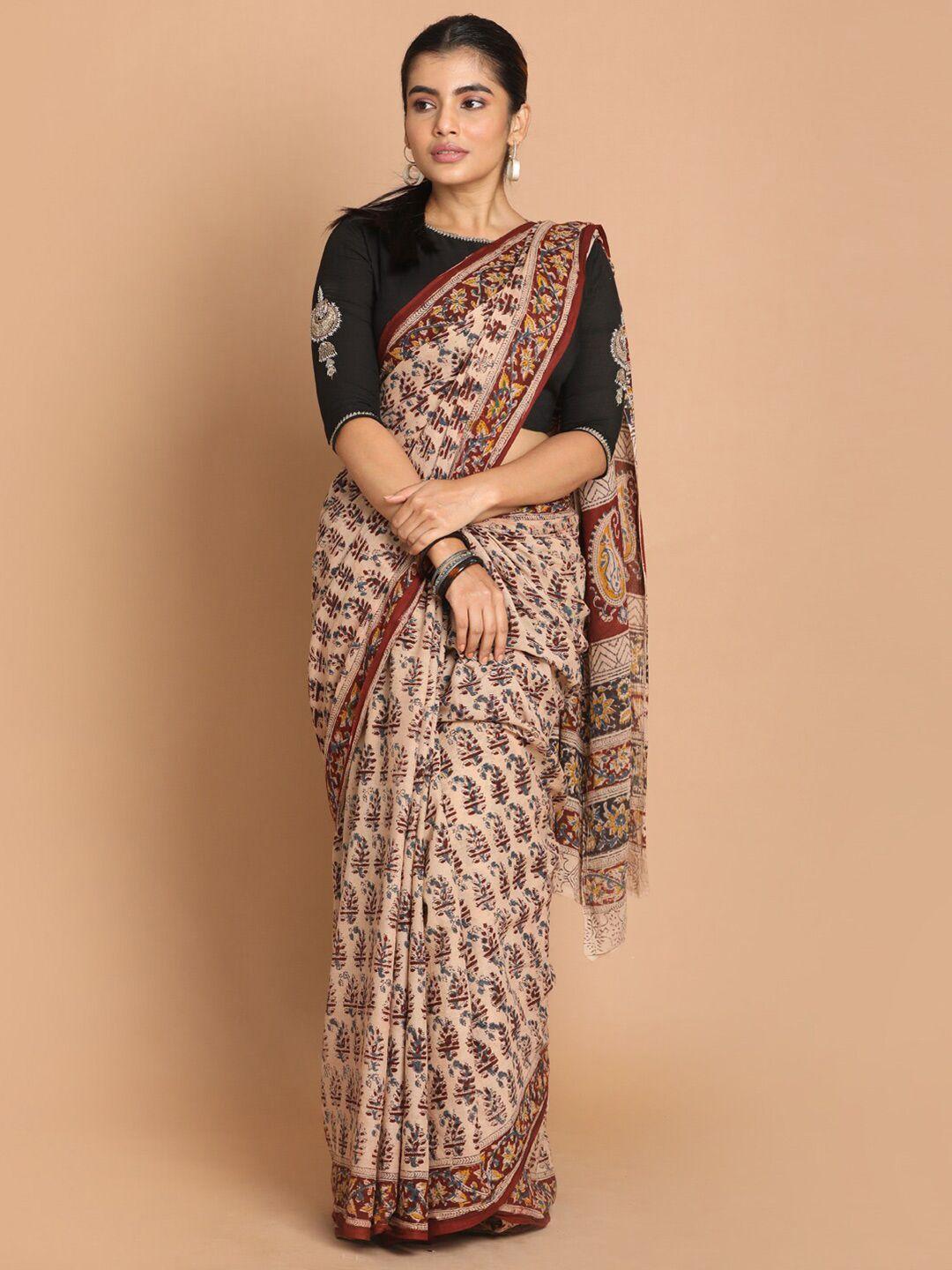 indethnic beige & maroon kalamkari pure mulmul cotton block print saree