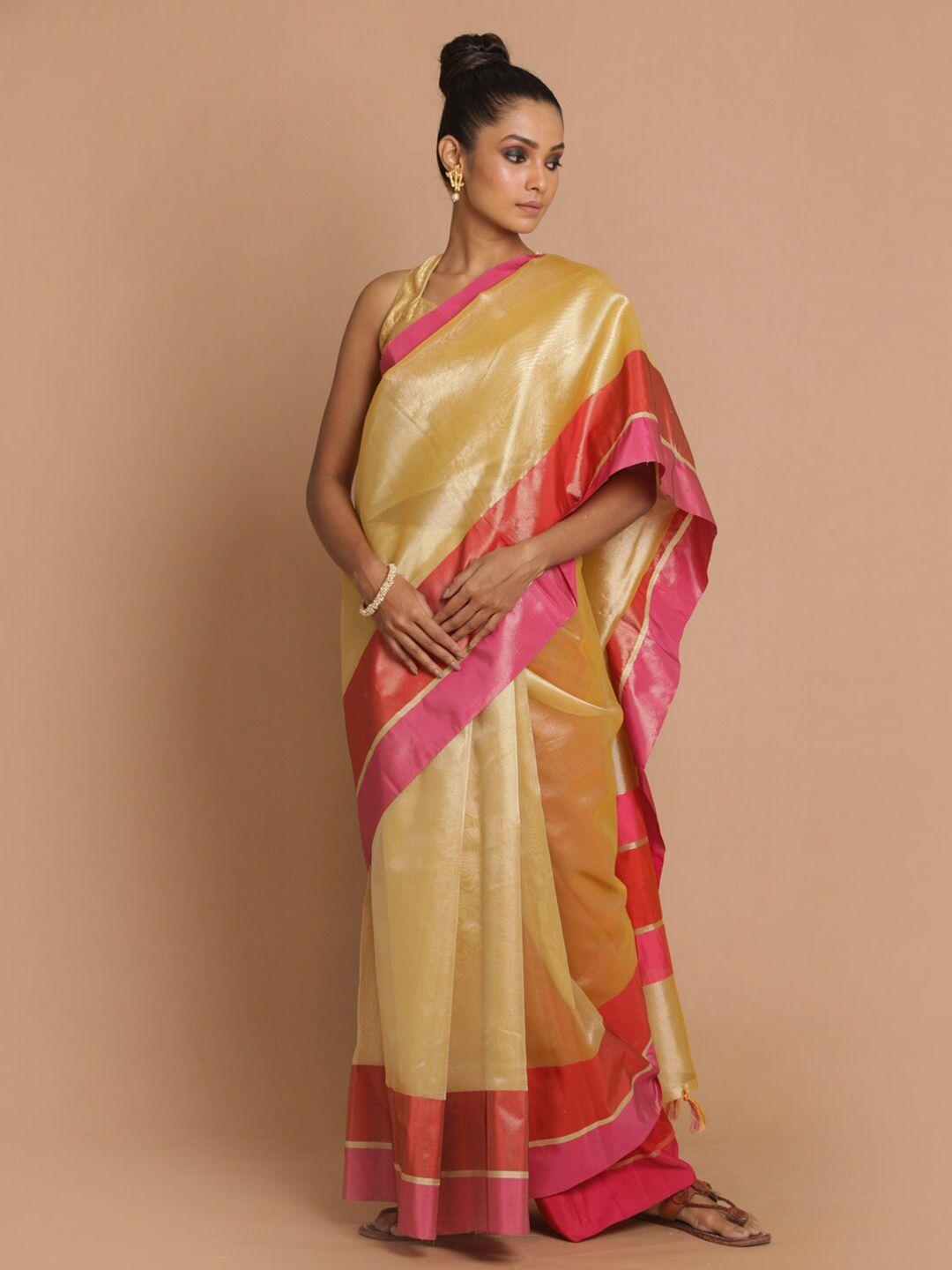 indethnic beige & pink banarasi saree