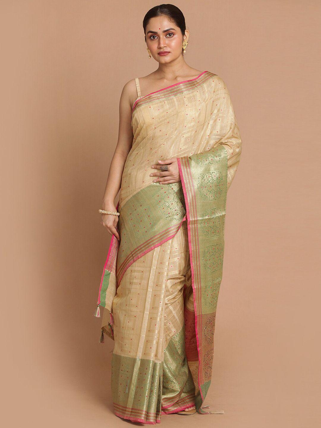 indethnic beige & pink ethnic motifs zari banarasi saree