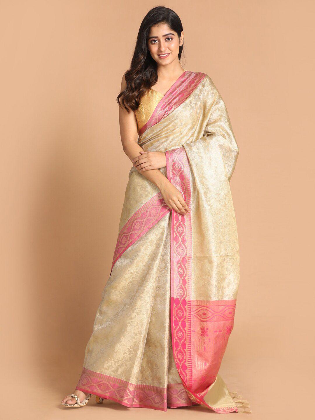 indethnic beige & pink ethnic motifs zari banarasi saree