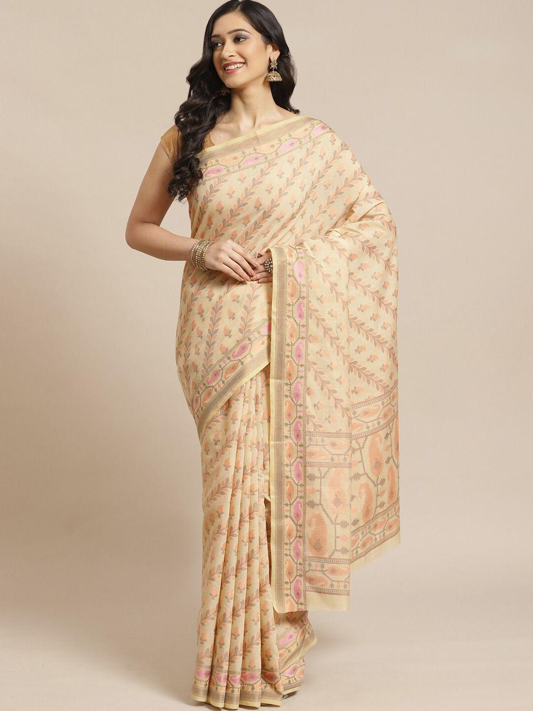 indethnic beige & pink floral banarasi saree