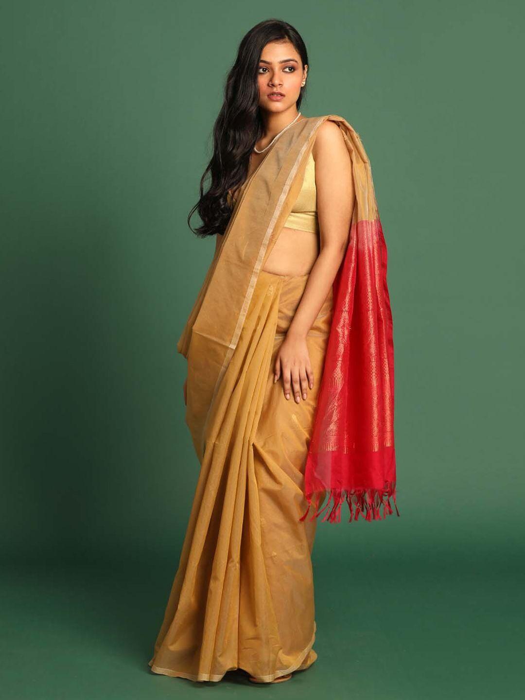 indethnic beige & pink woven design zari art silk pochampally saree