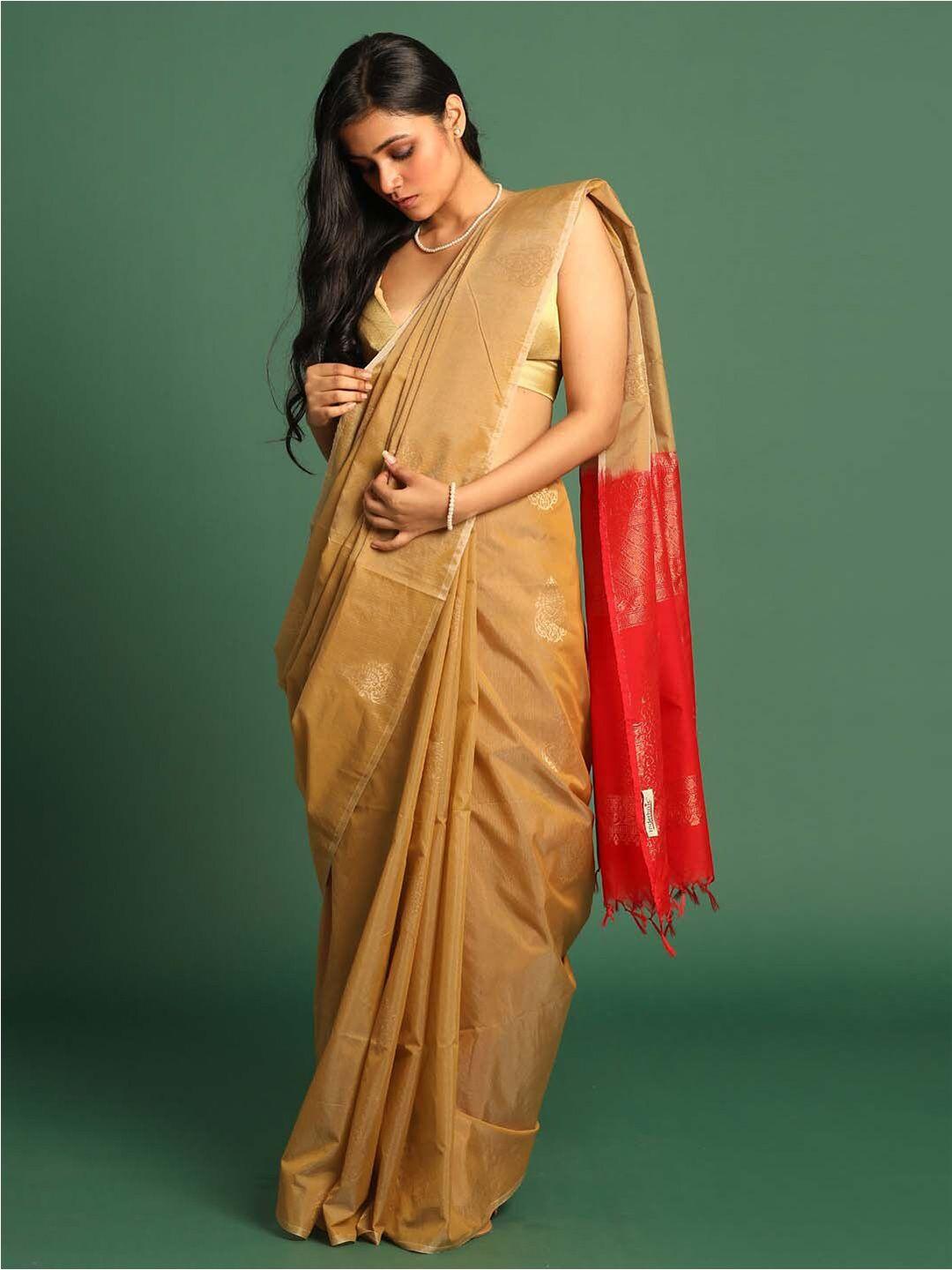 indethnic beige & red woven design zari art silk pochampally saree