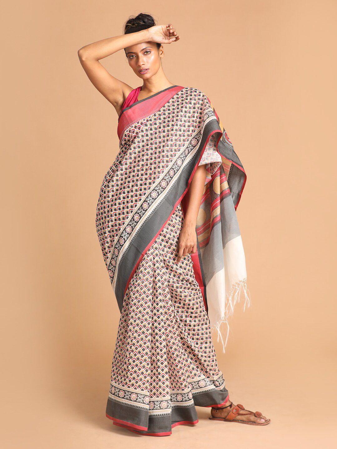 indethnic black & beige ethnic motifs printed patola saree