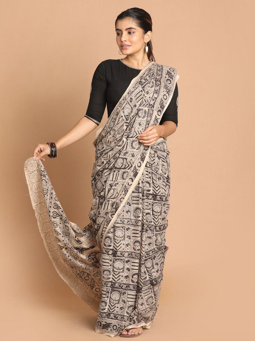 indethnic black & beige kalamkari printed pure cotton block print saree