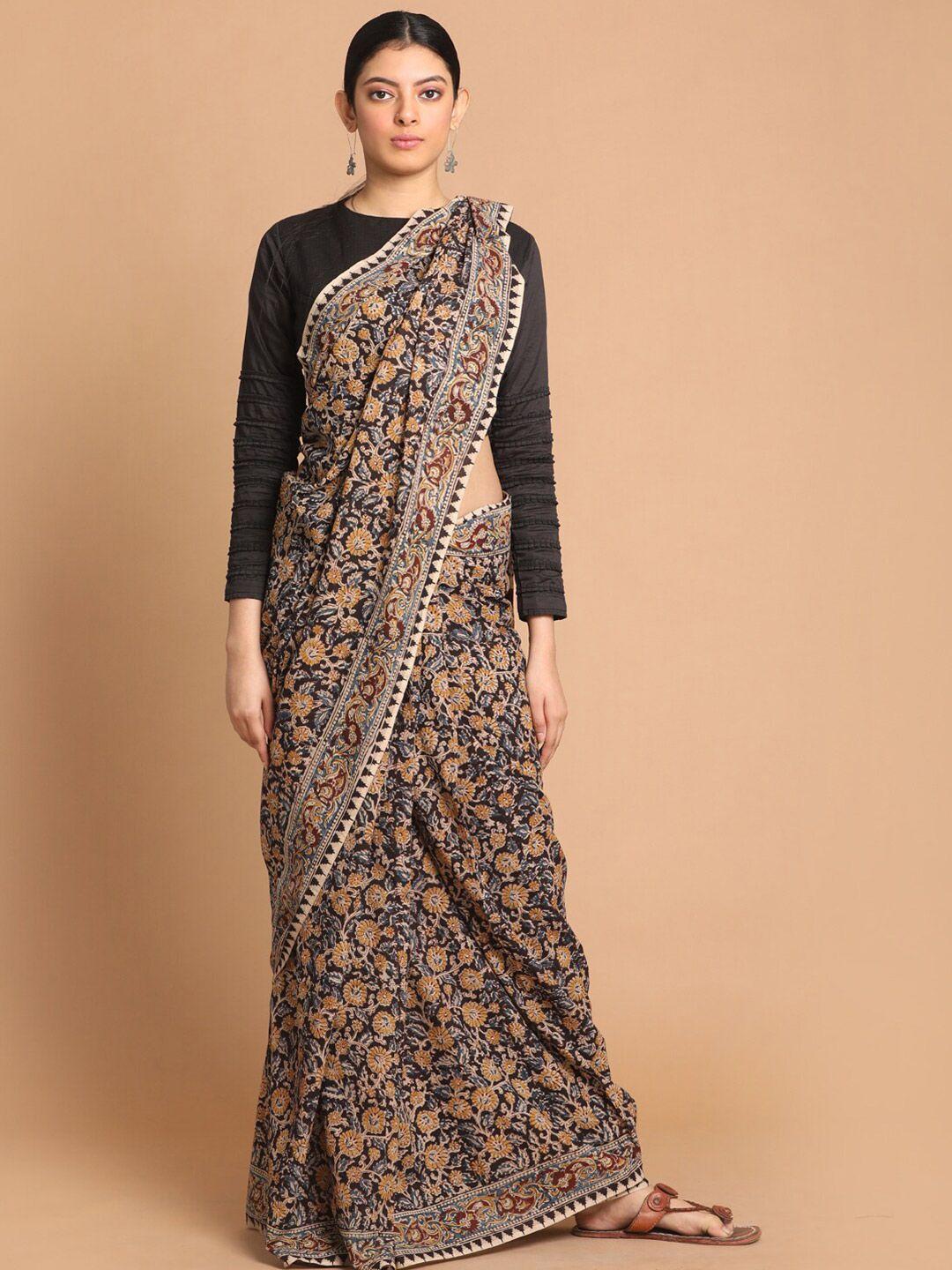 indethnic black & beige kalamkari pure cotton block print saree