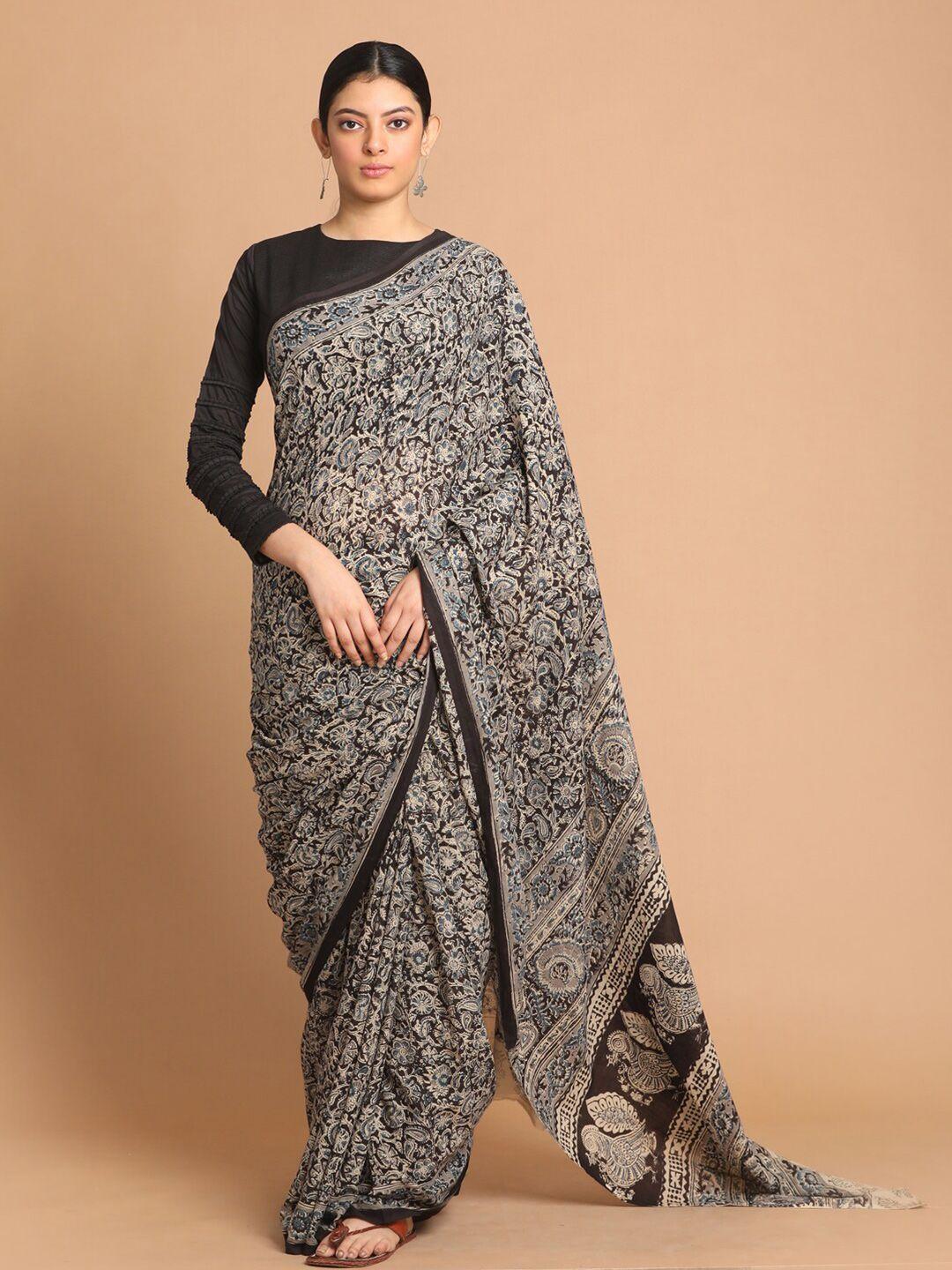 indethnic black & beige kalamkari pure cotton block print saree