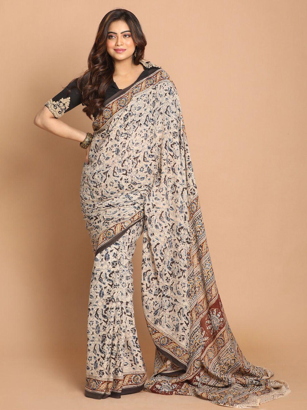 indethnic black & beige kalamkari pure cotton handblock print saree