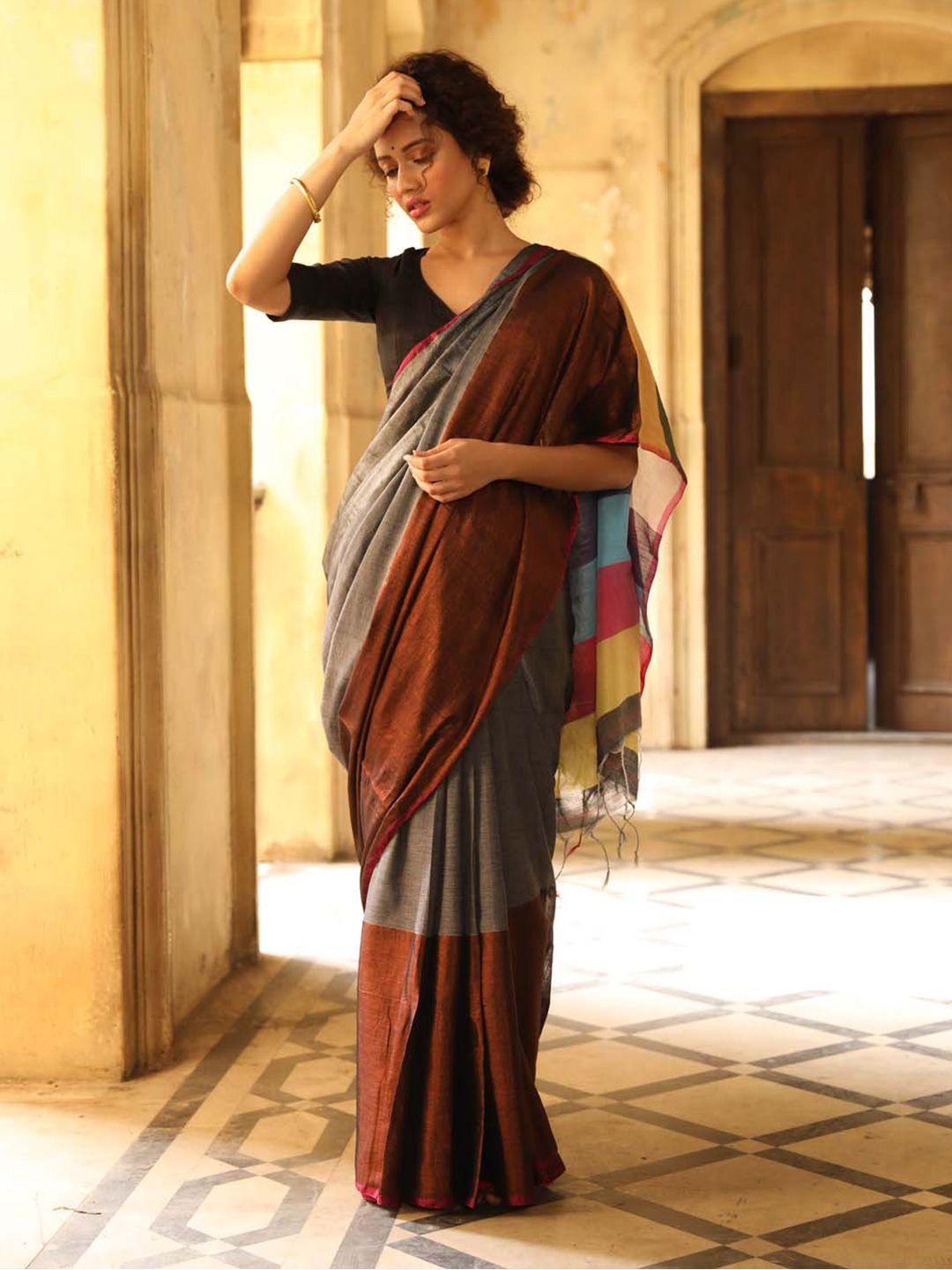 indethnic black & brown colourblocked pure cotton jamdani saree