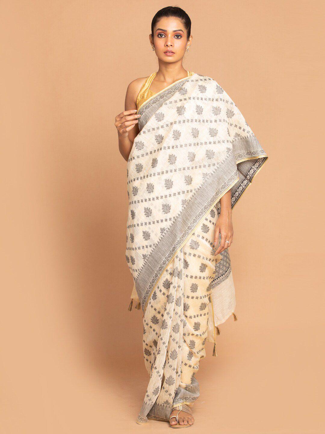 indethnic black & off white ethnic motifs linen blend banarasi saree