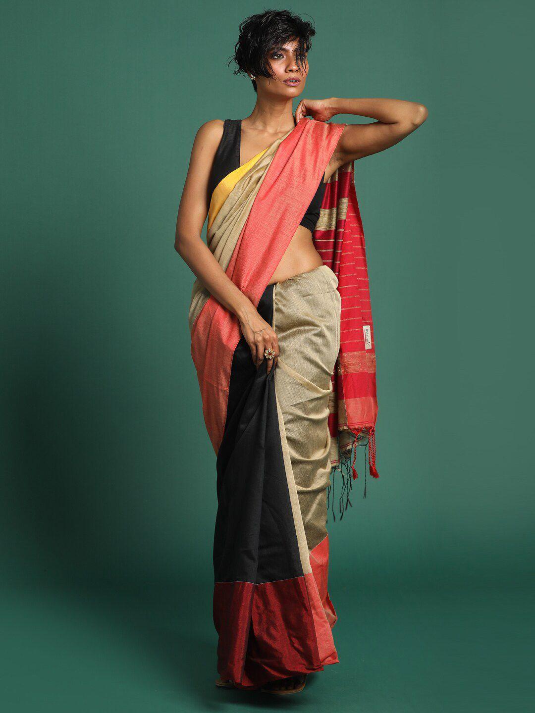 indethnic black & red colourblocked half and half jamdani saree