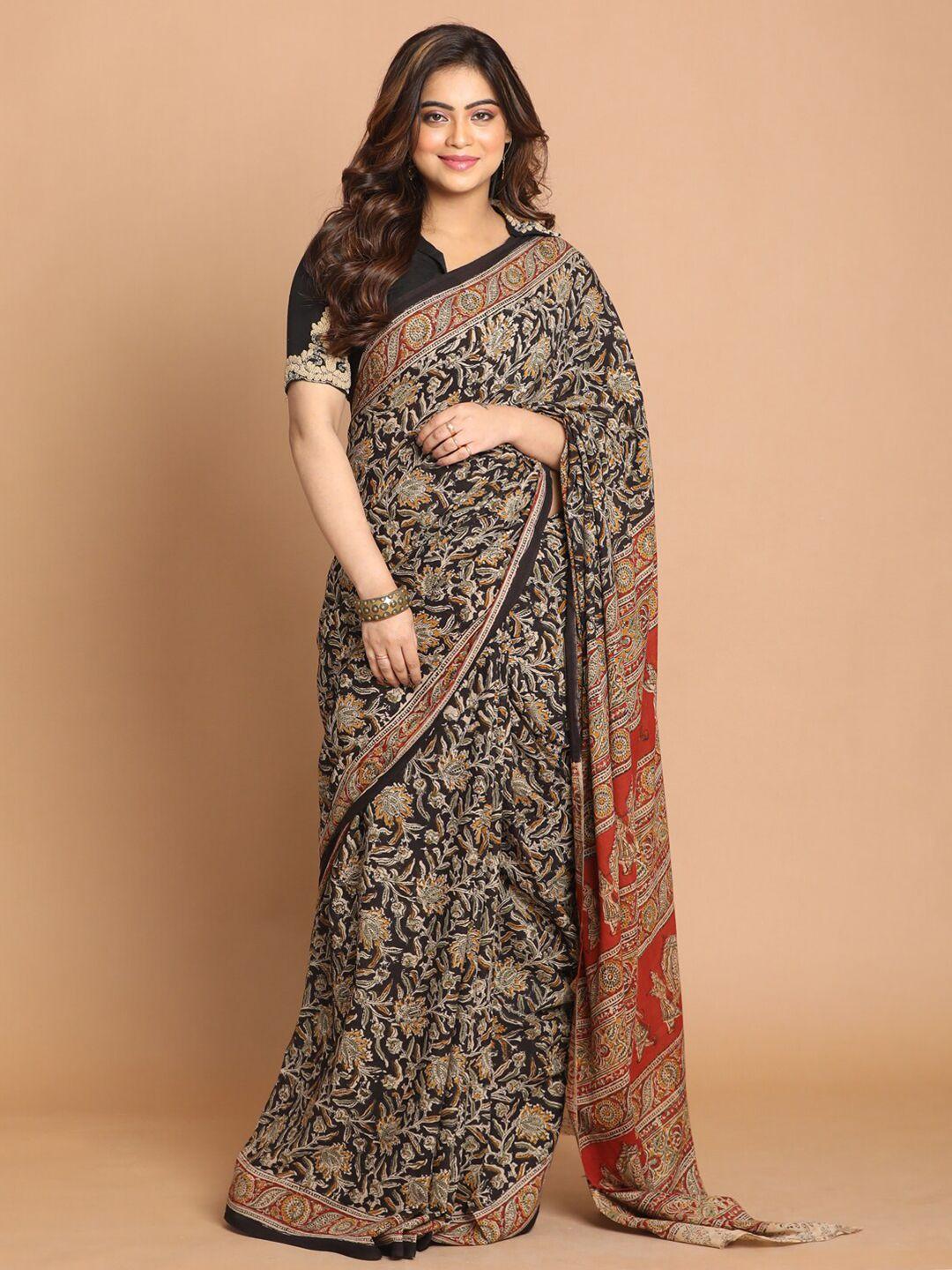 indethnic black & red kalamkari mulmul cotton block print saree