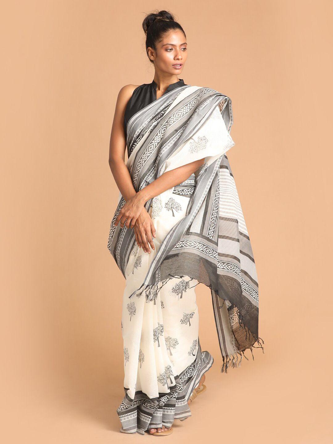 indethnic black & white ethnic motifs block print pure cotton saree