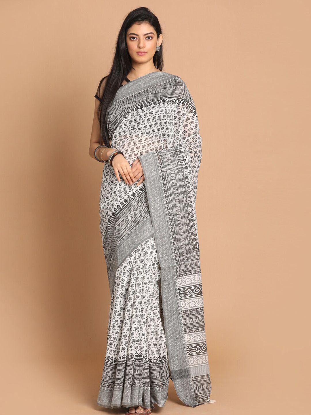 indethnic black & white ethnic motifs net saree