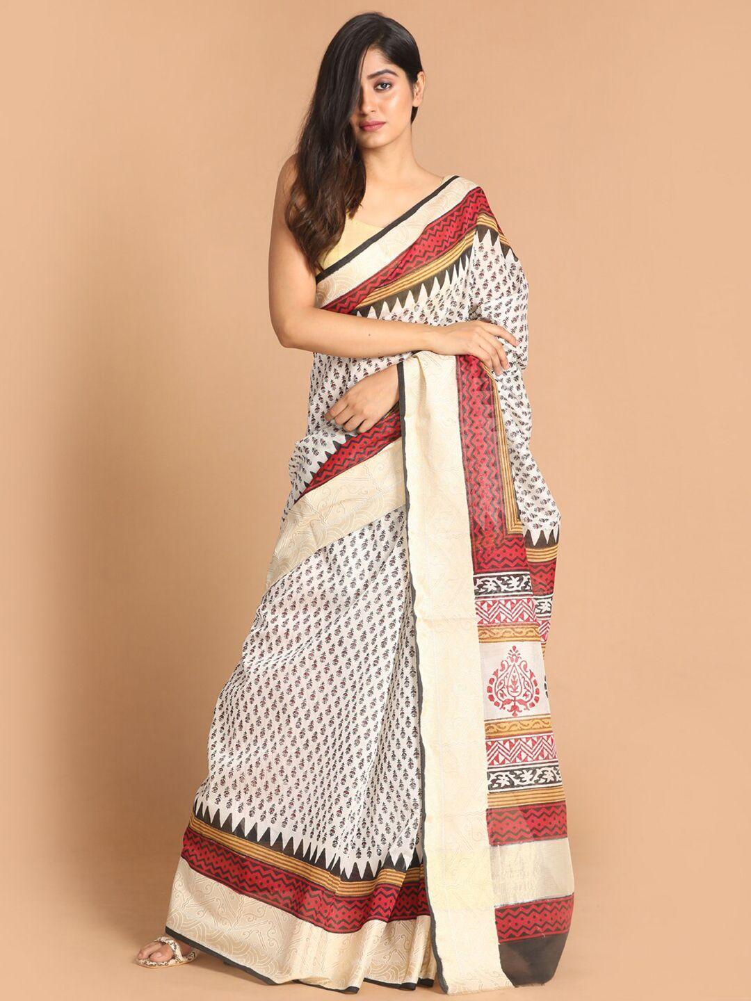 indethnic black & white ethnic motifs printed saree