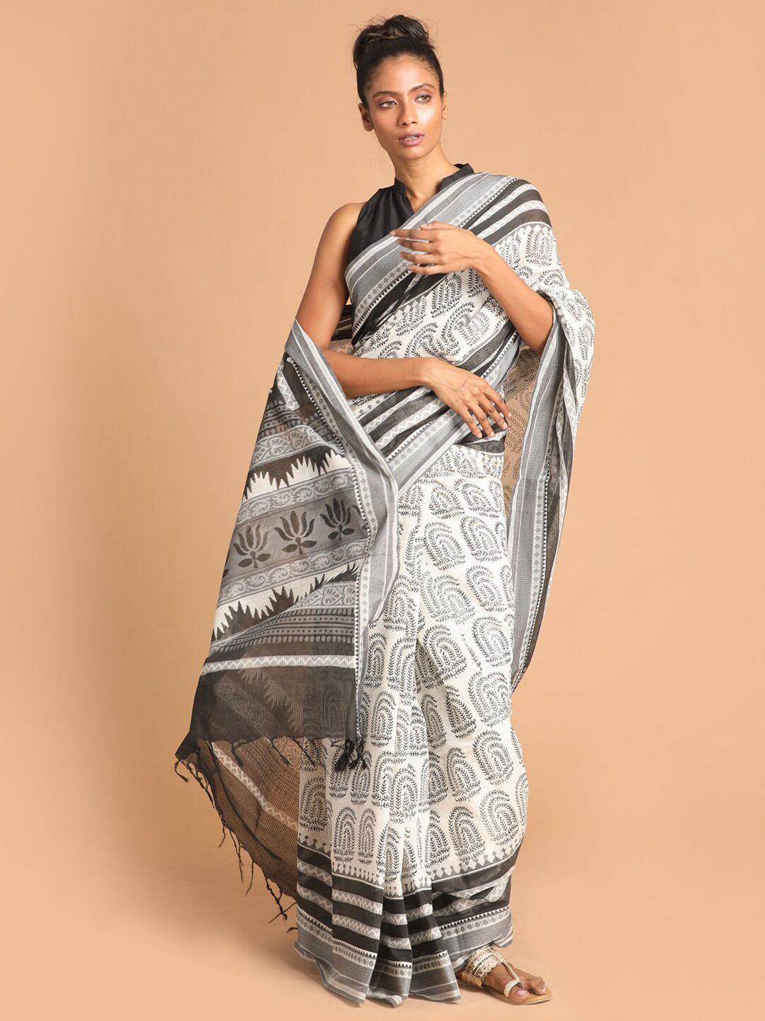 indethnic black & white ethnic motifs pure cotton block print saree