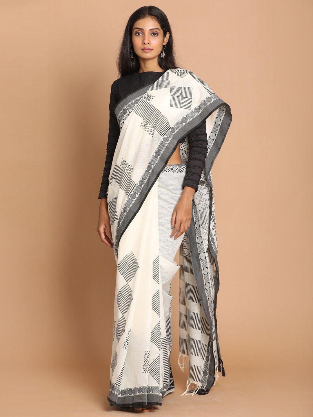 indethnic black & white printed pure cotton saree