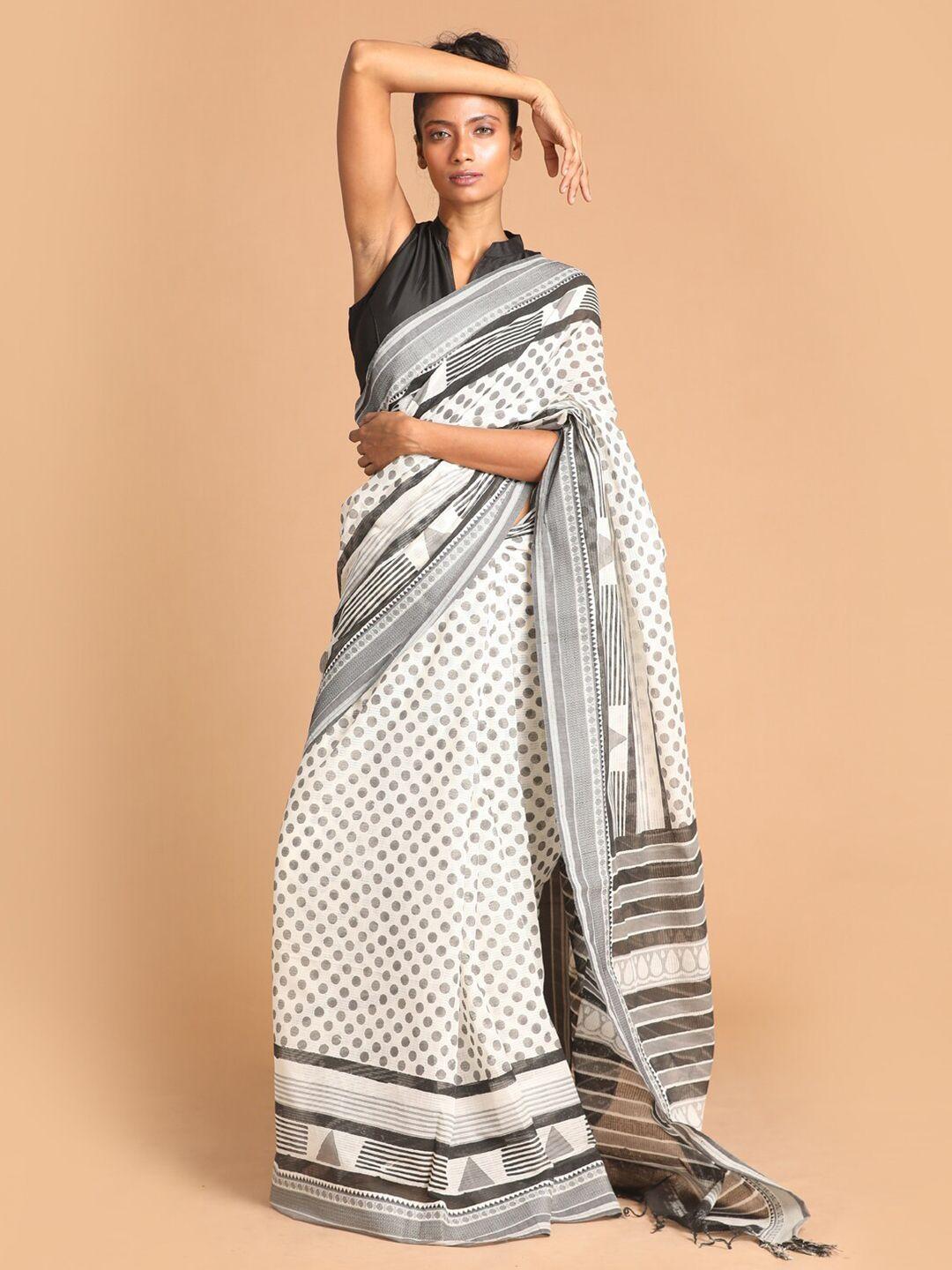 indethnic black & white pure cotton block print saree