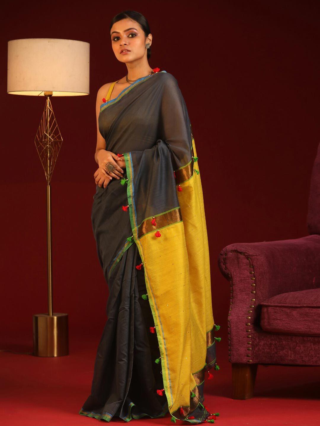 indethnic black & yellow colourblocked zari jamdani saree