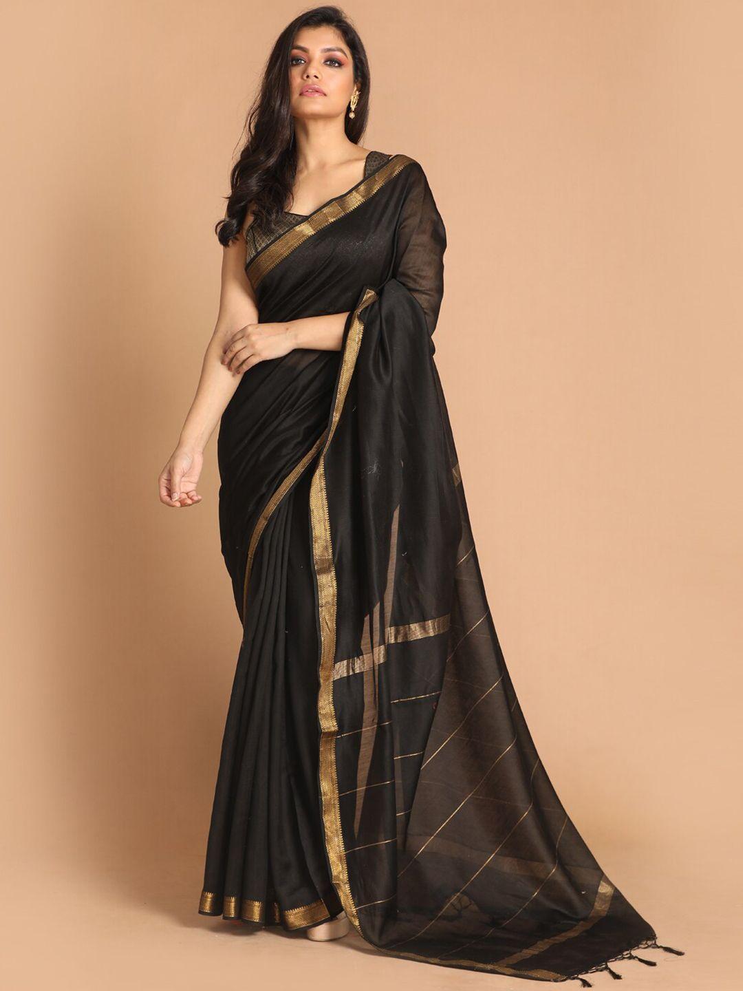 indethnic black zari silk cotton banarasi saree