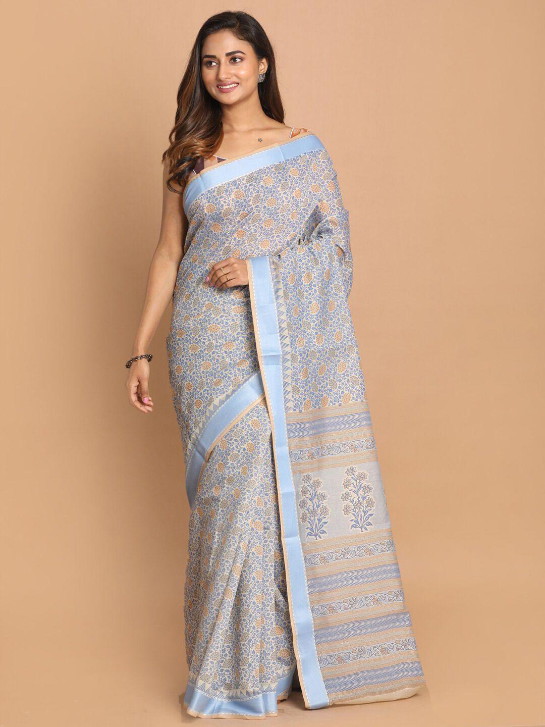 indethnic blue & beige floral printed saree