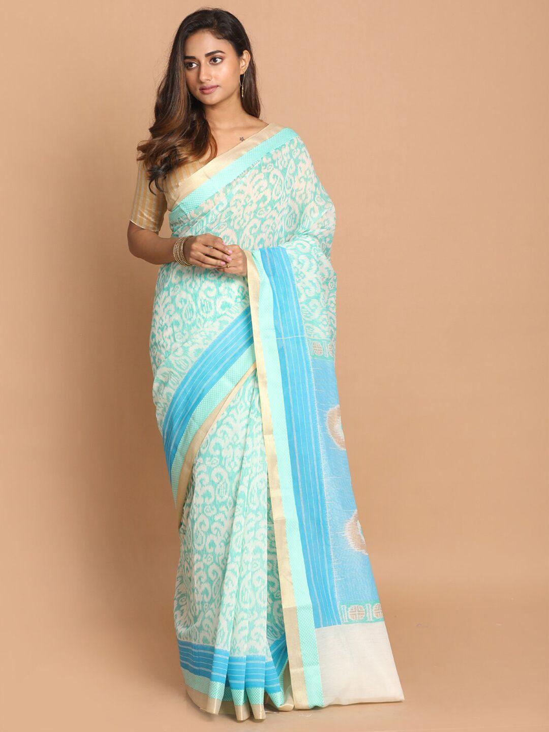 indethnic blue & gold-toned ethnic motifs printed zari border saree