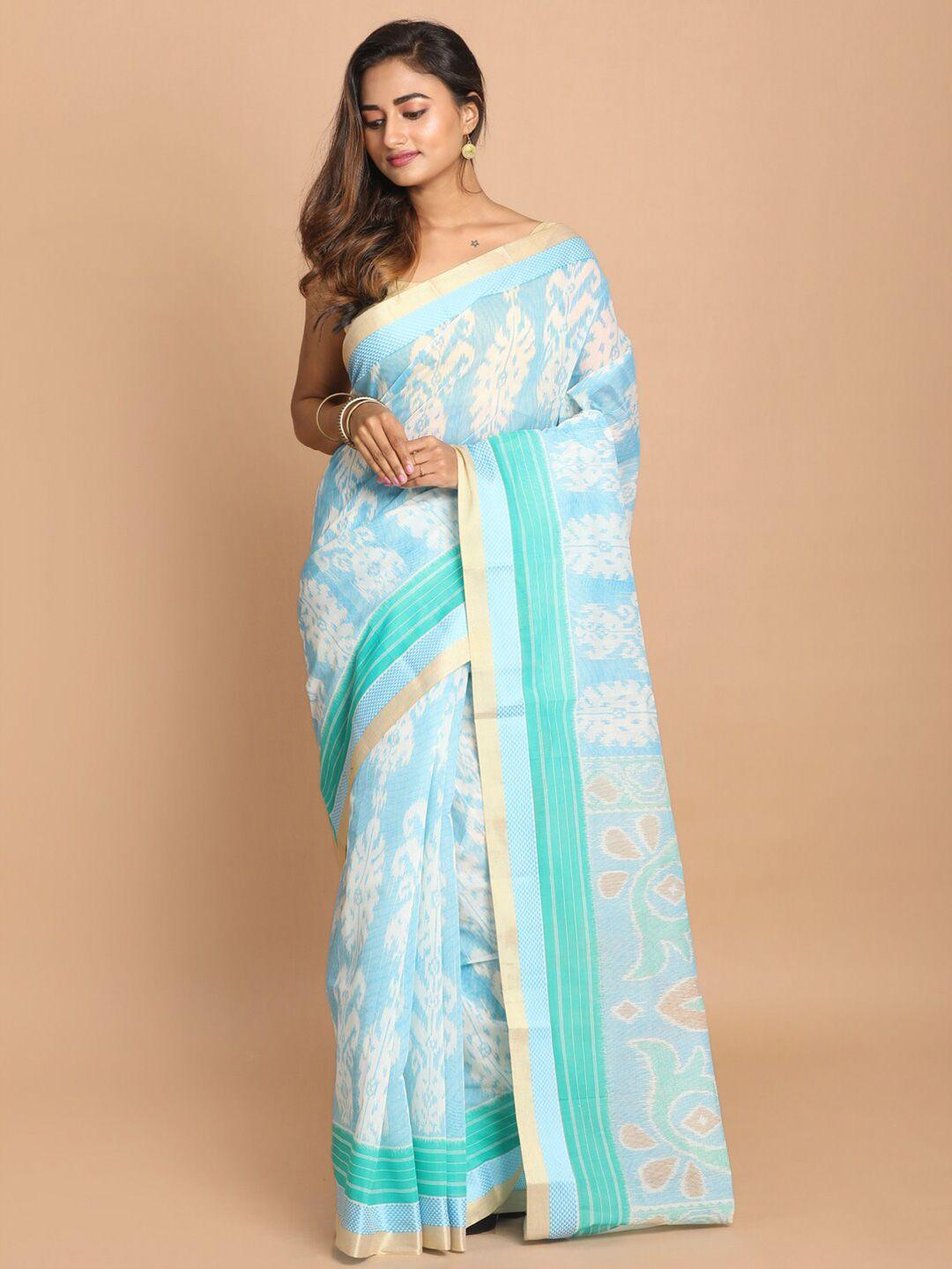 indethnic blue & gold-toned ethnic motifs printed zari border saree