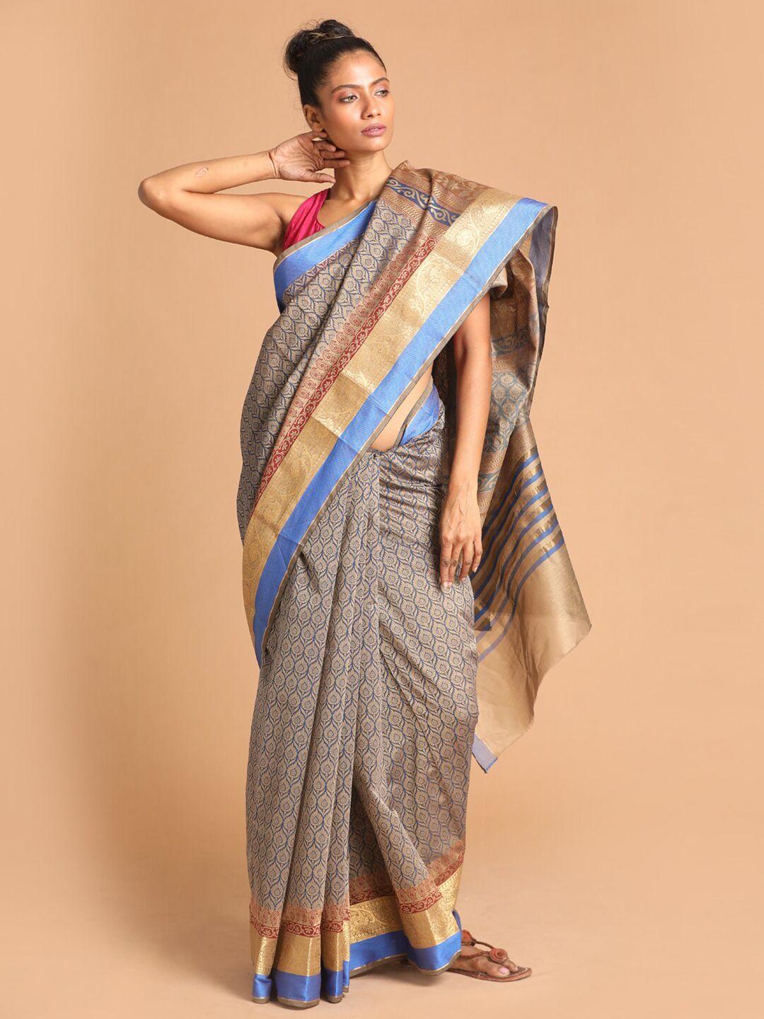 indethnic blue & gold-toned ethnic motifs zari saree