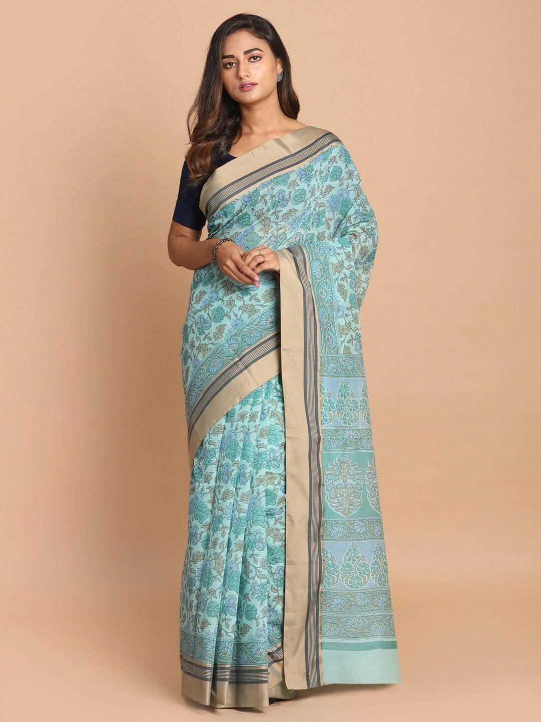 indethnic blue & gold-toned floral zari saree