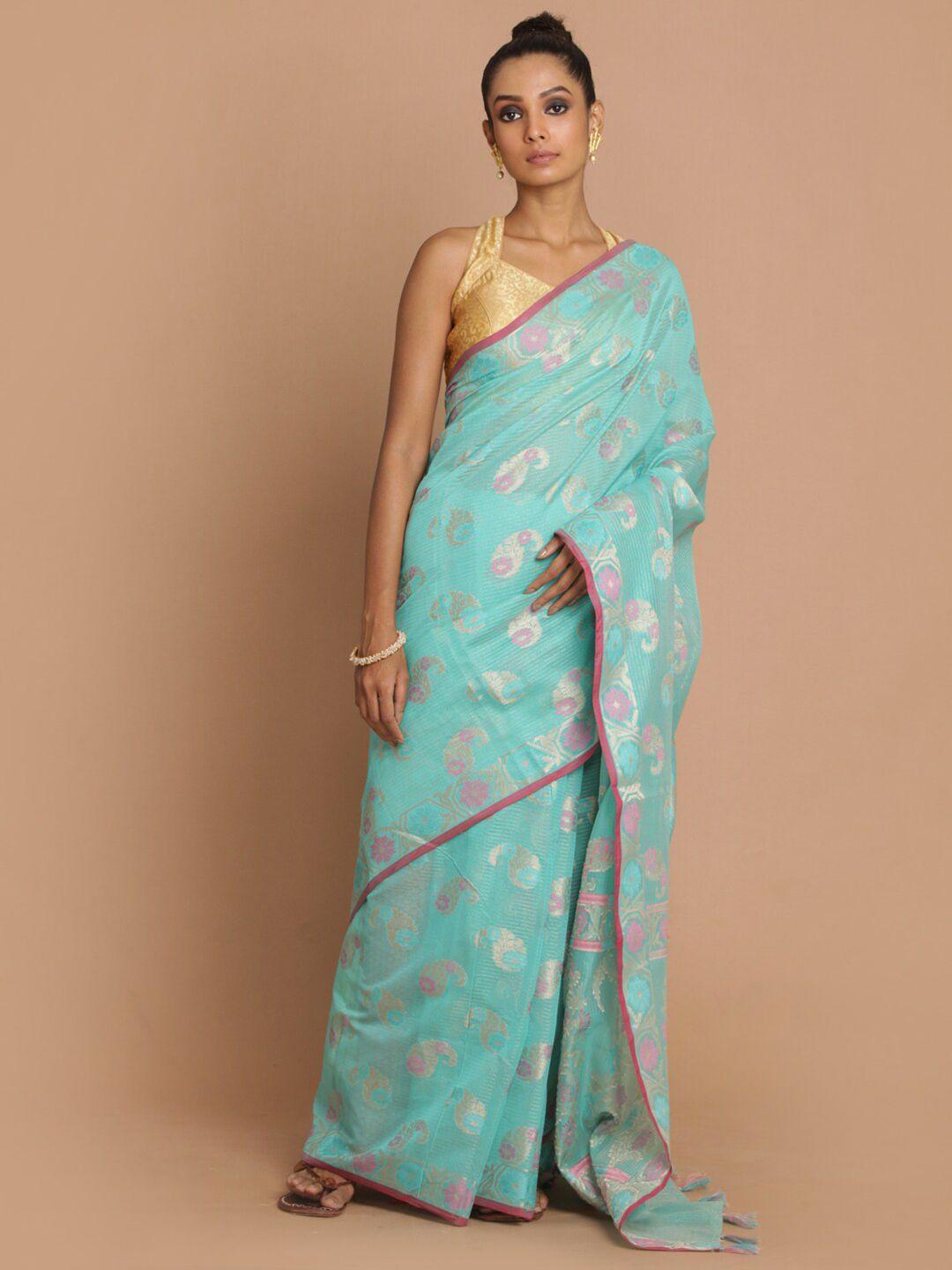 indethnic blue & magenta paisley zari banarasi saree