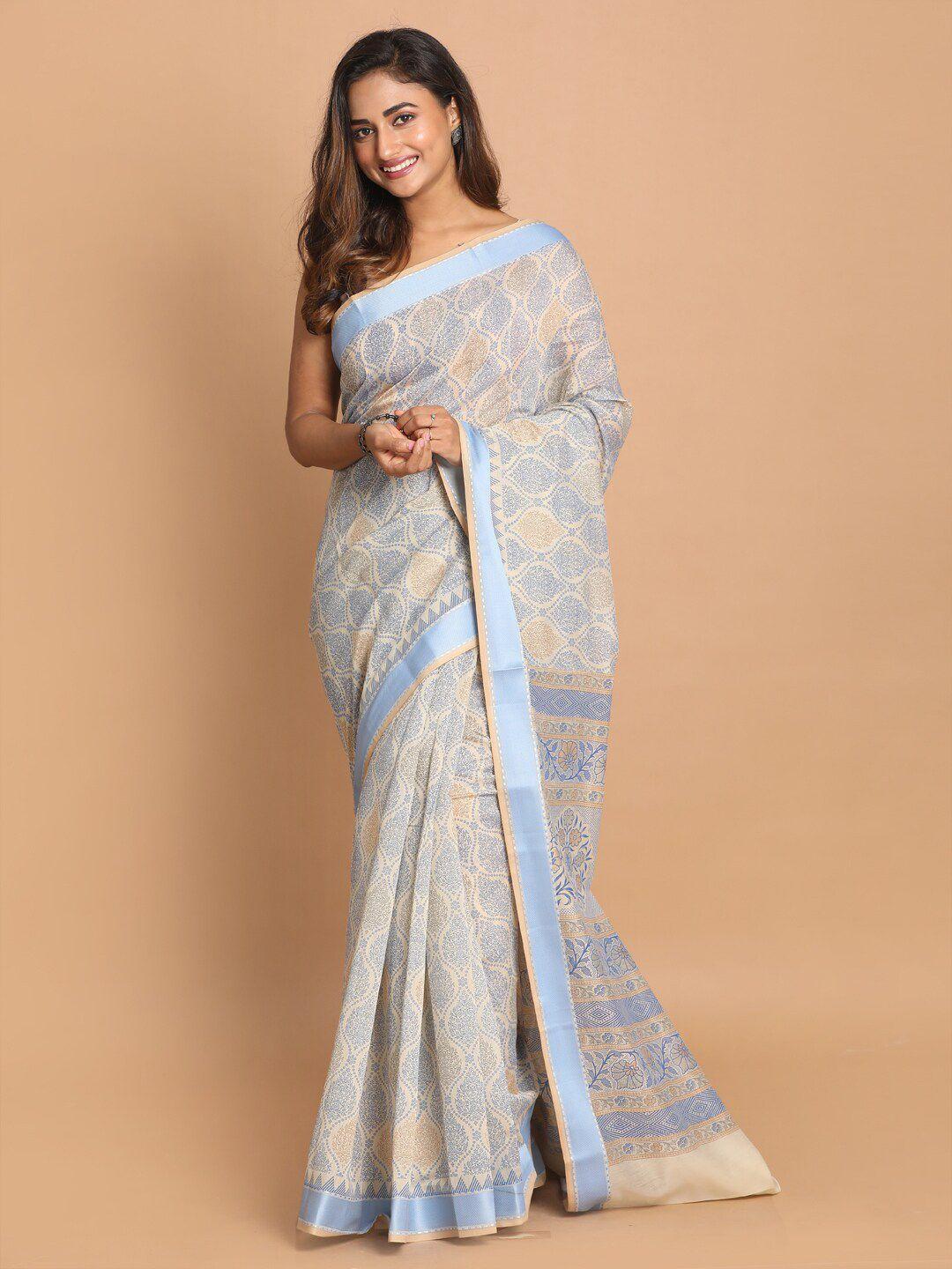 indethnic blue & off white ethnic motifs printed saree