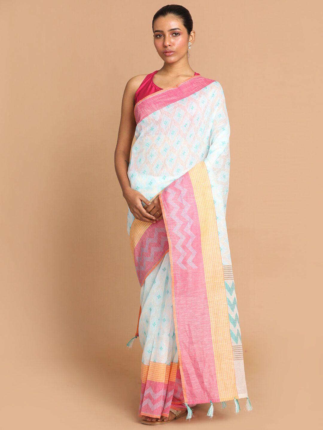 indethnic blue & pink ethnic motifs linen blend banarasi saree