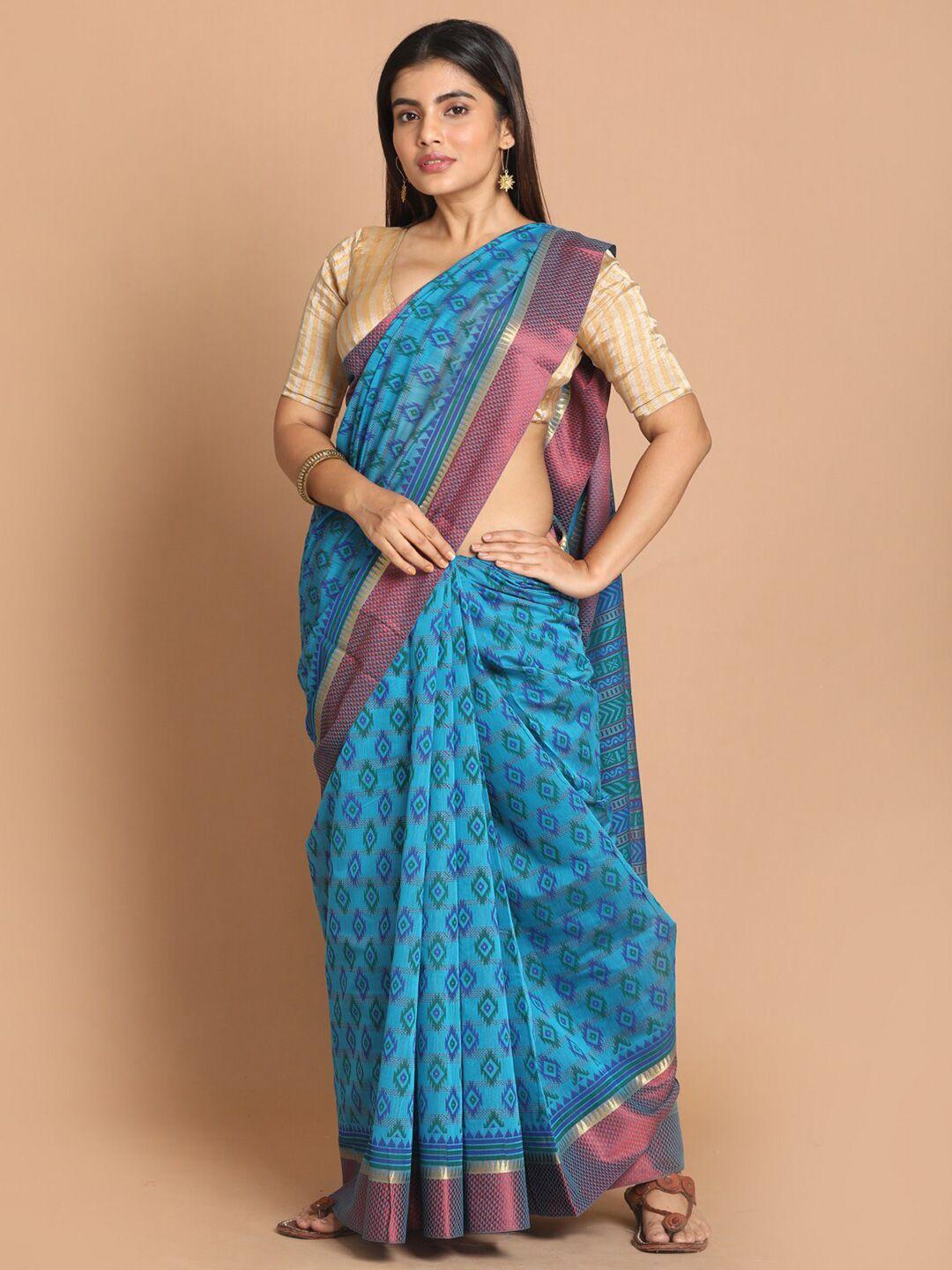 indethnic blue & pink ethnic motifs printedzari saree