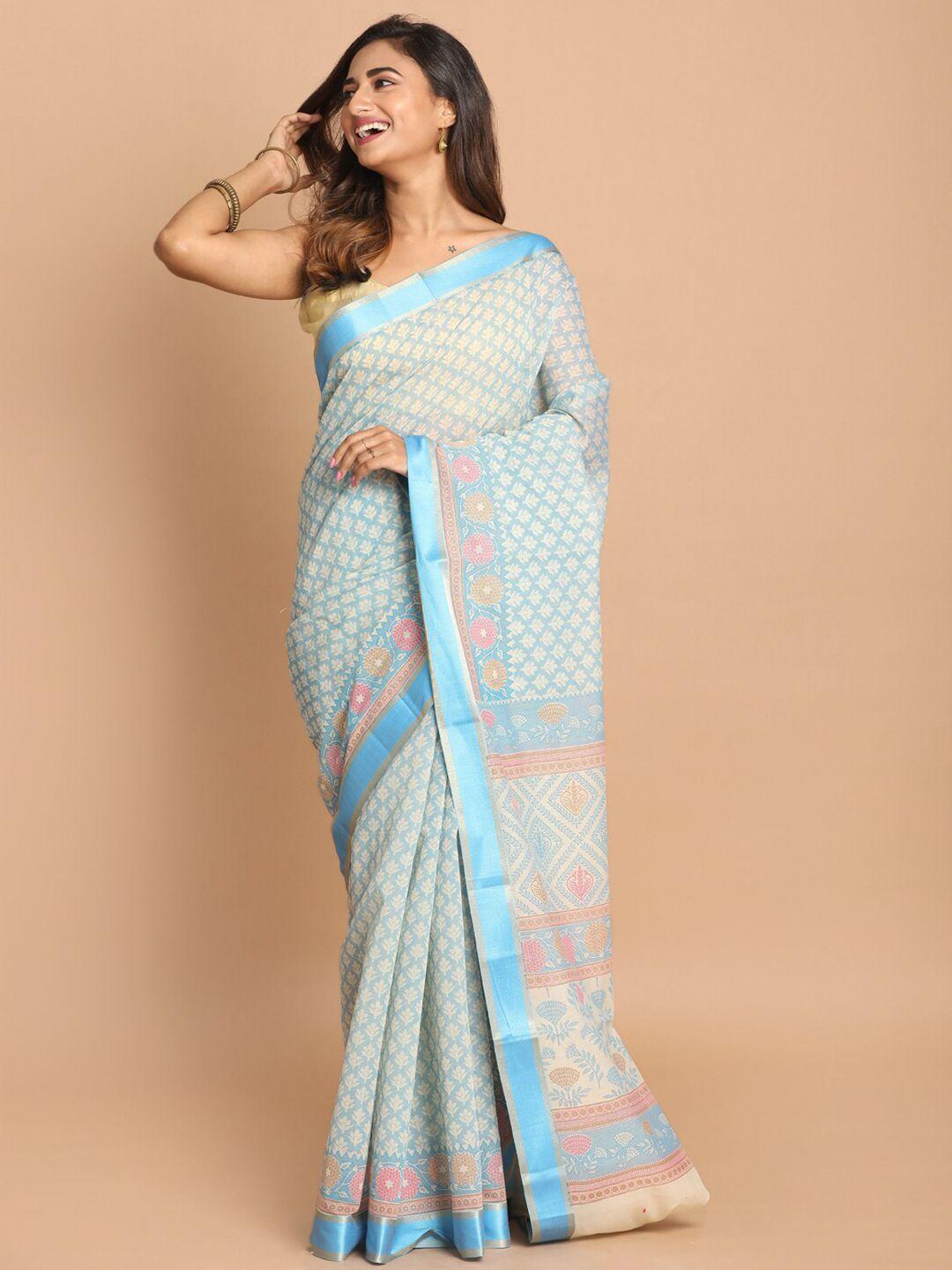 indethnic blue & pink ethnic motifs saree