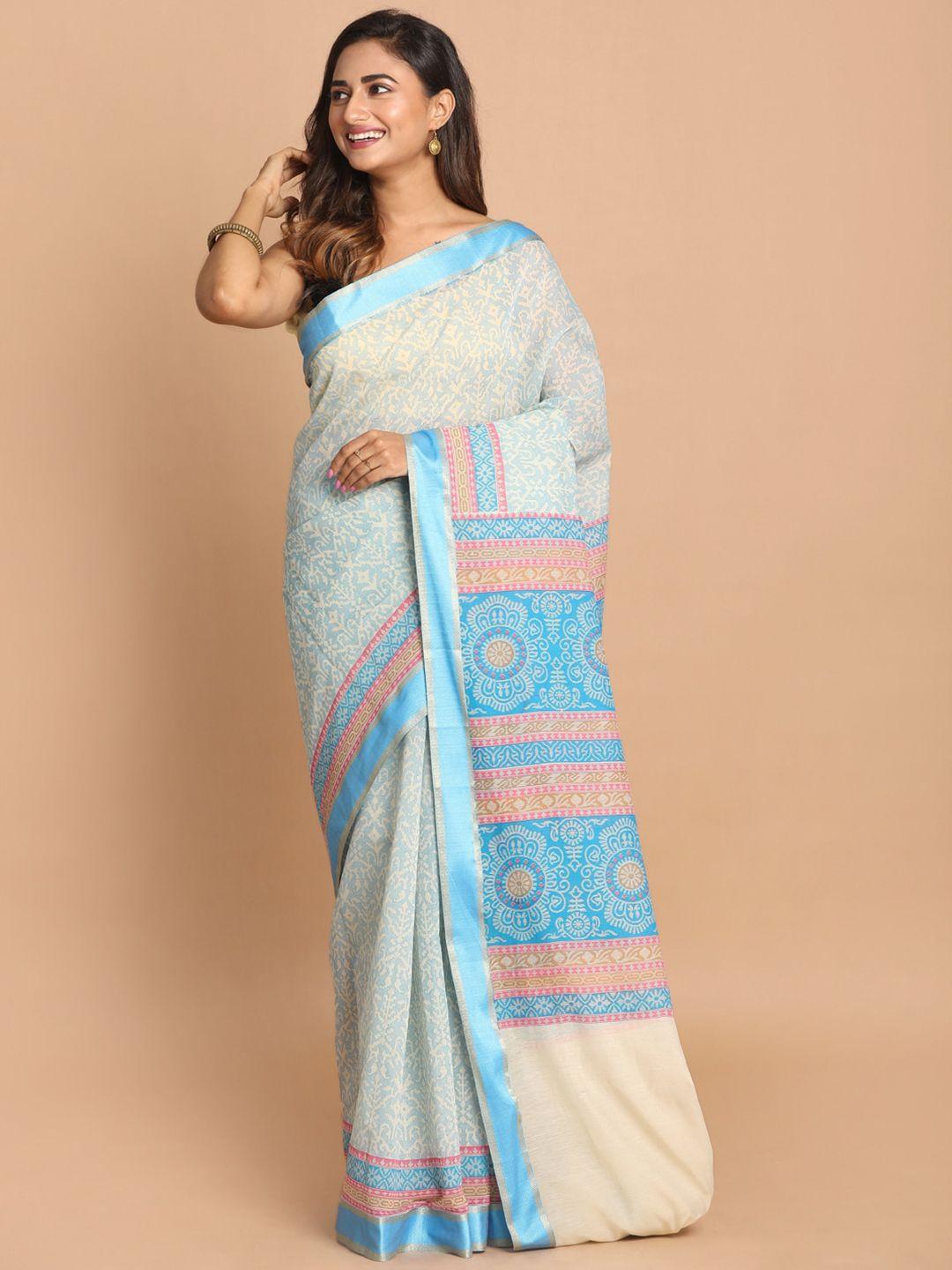 indethnic blue & pink ethnic motifs zari saree