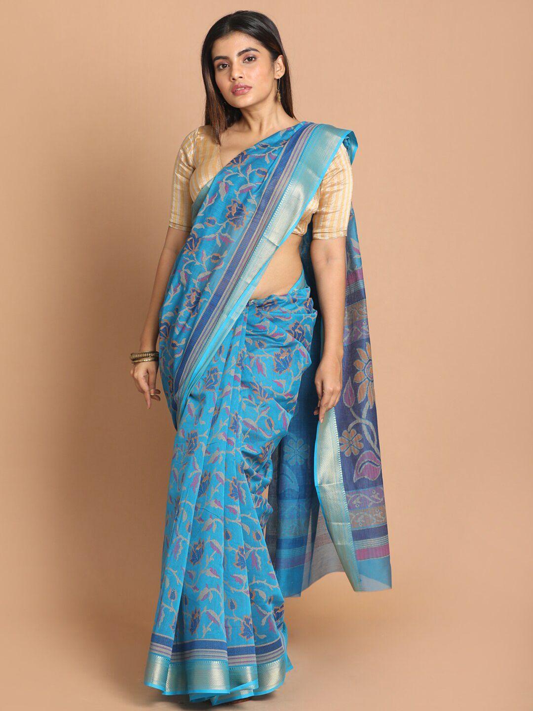 indethnic blue & pink floral zari saree