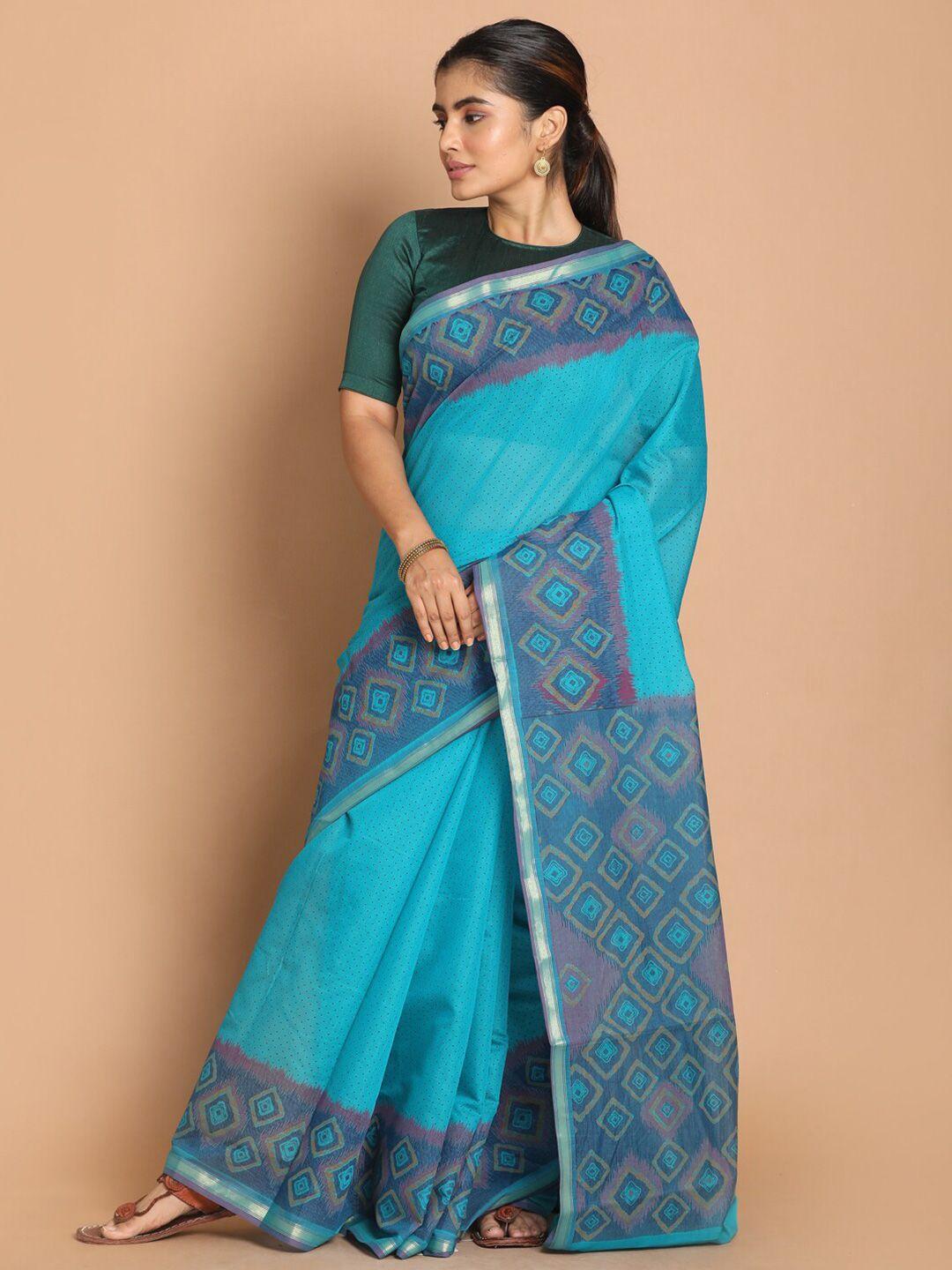 indethnic blue & pink printed zari saree