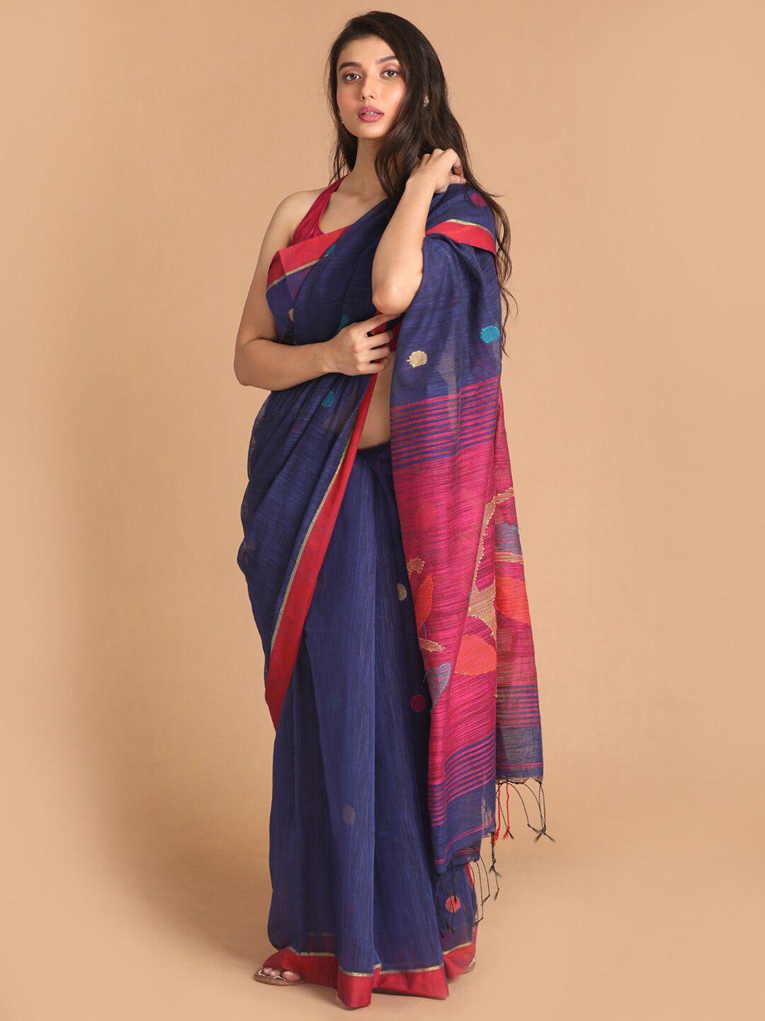 indethnic blue & pink woven design jamdani saree