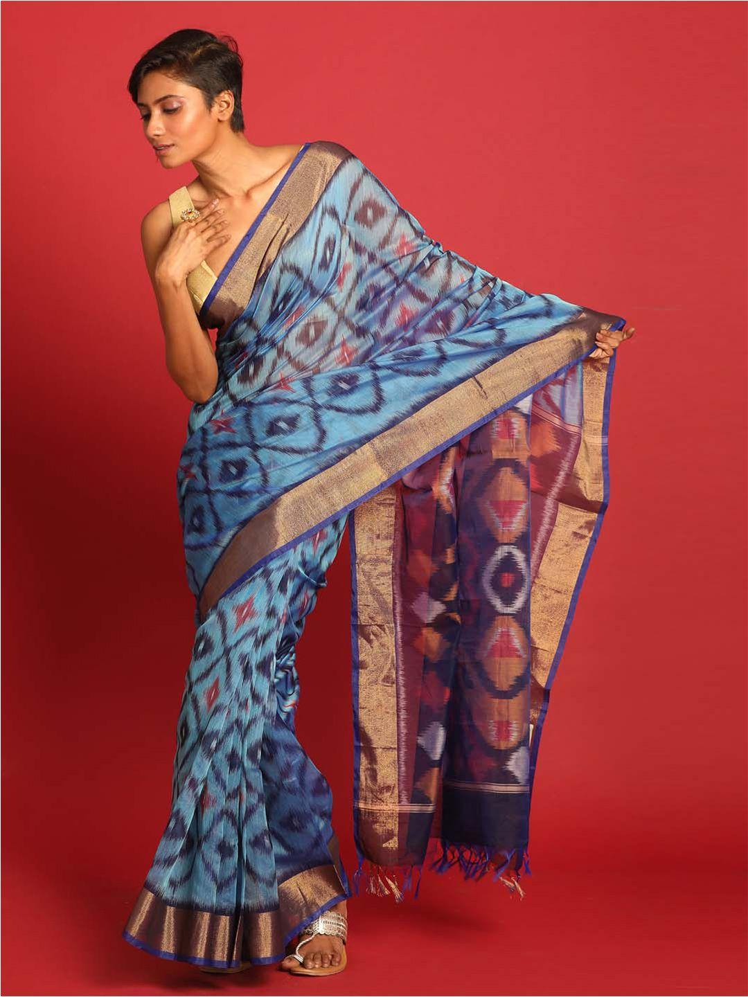 indethnic blue & pink zari art silk pochampally saree