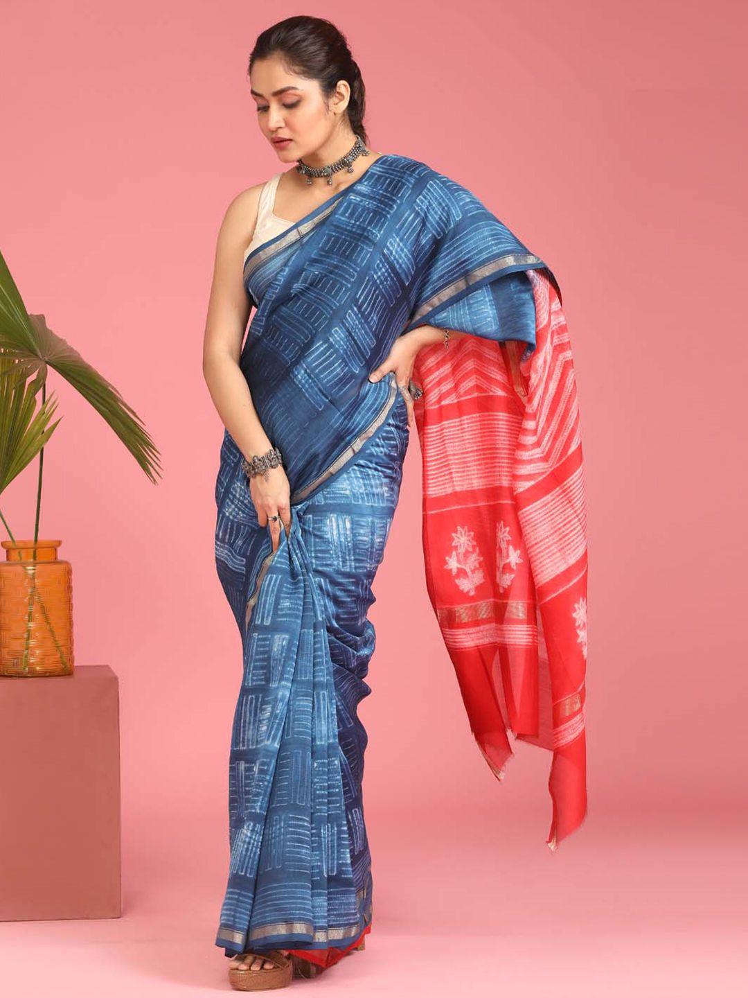 indethnic blue & red striped zari silk cotton chanderi saree