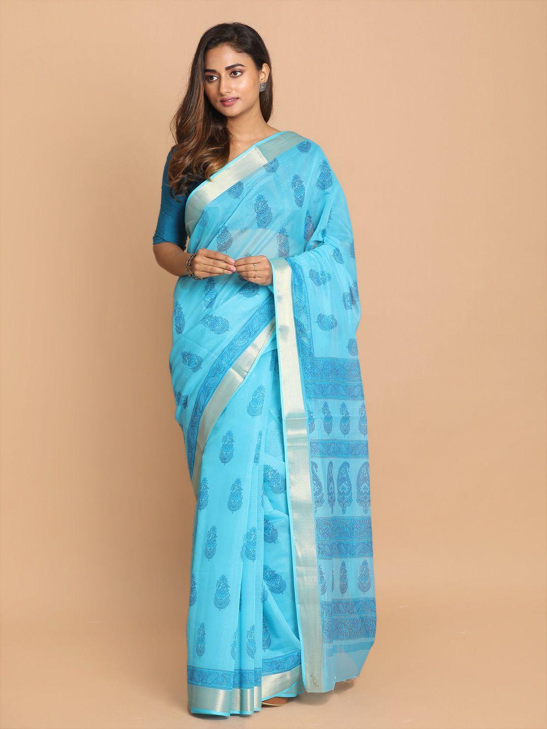 indethnic blue & silver-toned floral printed saree