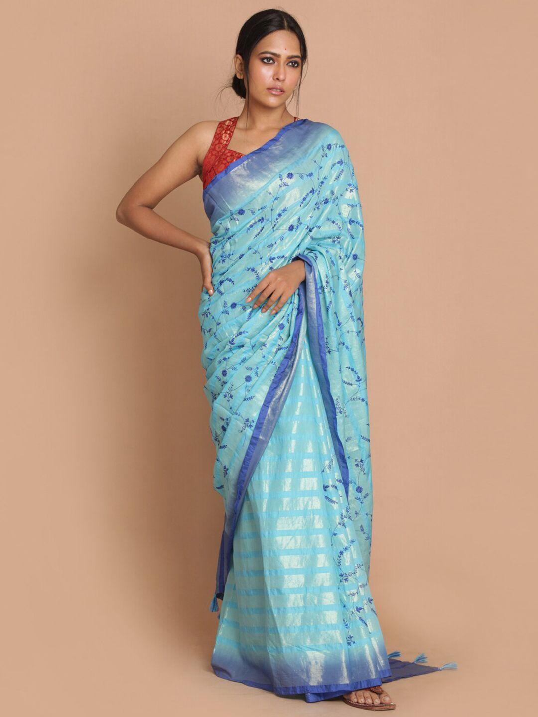 indethnic blue & silver-toned floral zari banarasi saree