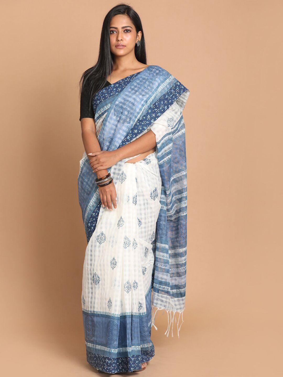 indethnic blue & white dabu net saree