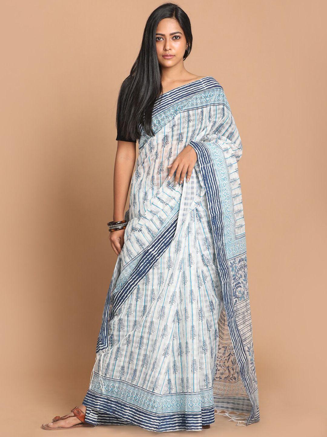 indethnic blue & white dabu printed saree