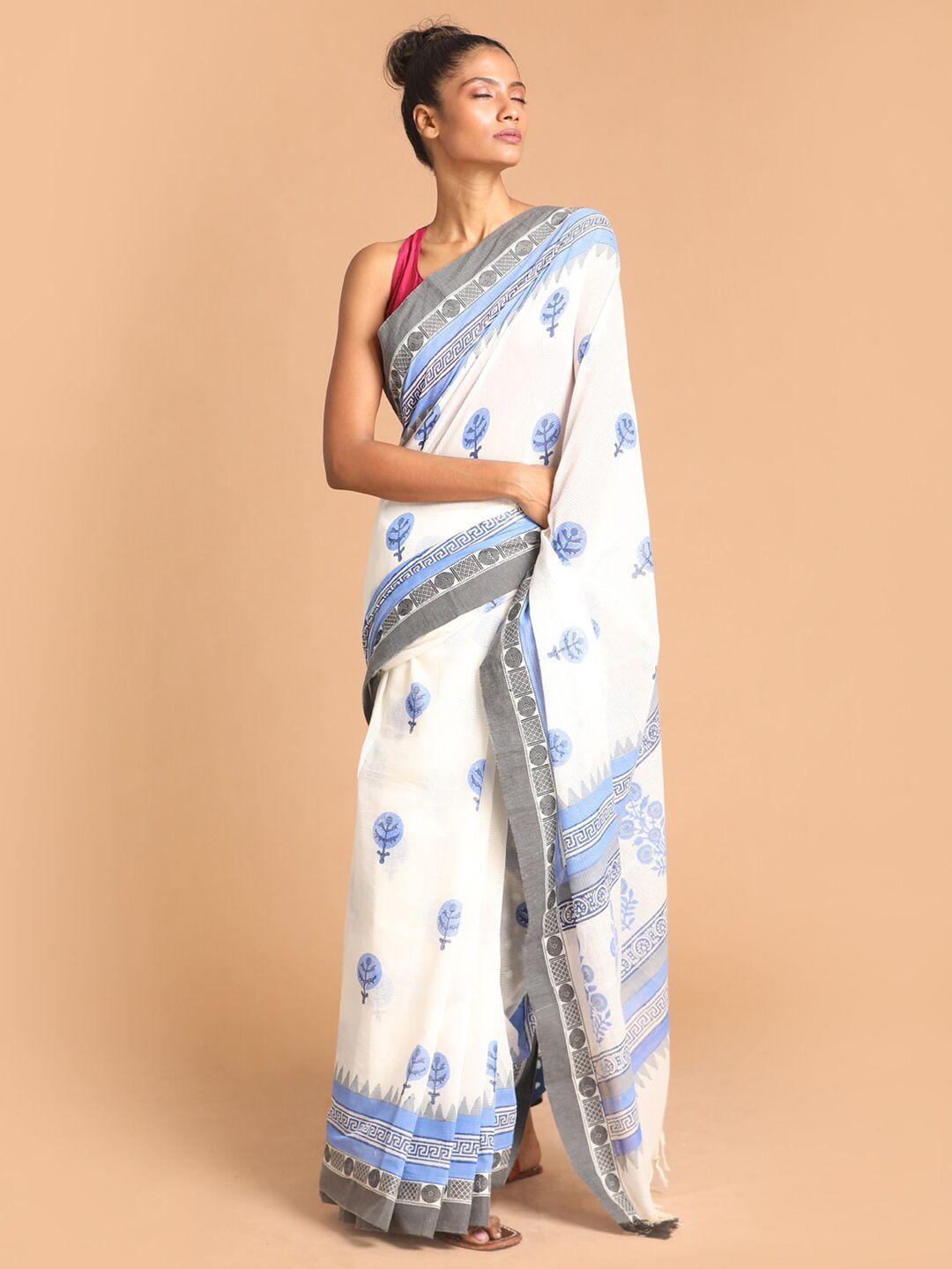 indethnic blue & white ethnic motifs pure cotton block print saree