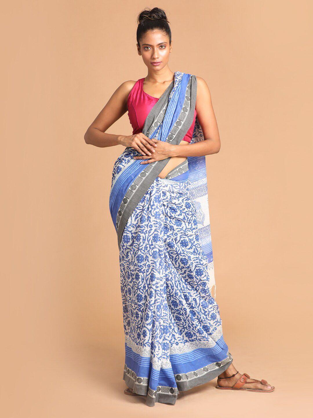 indethnic blue & white floral printed pure cotton block print saree